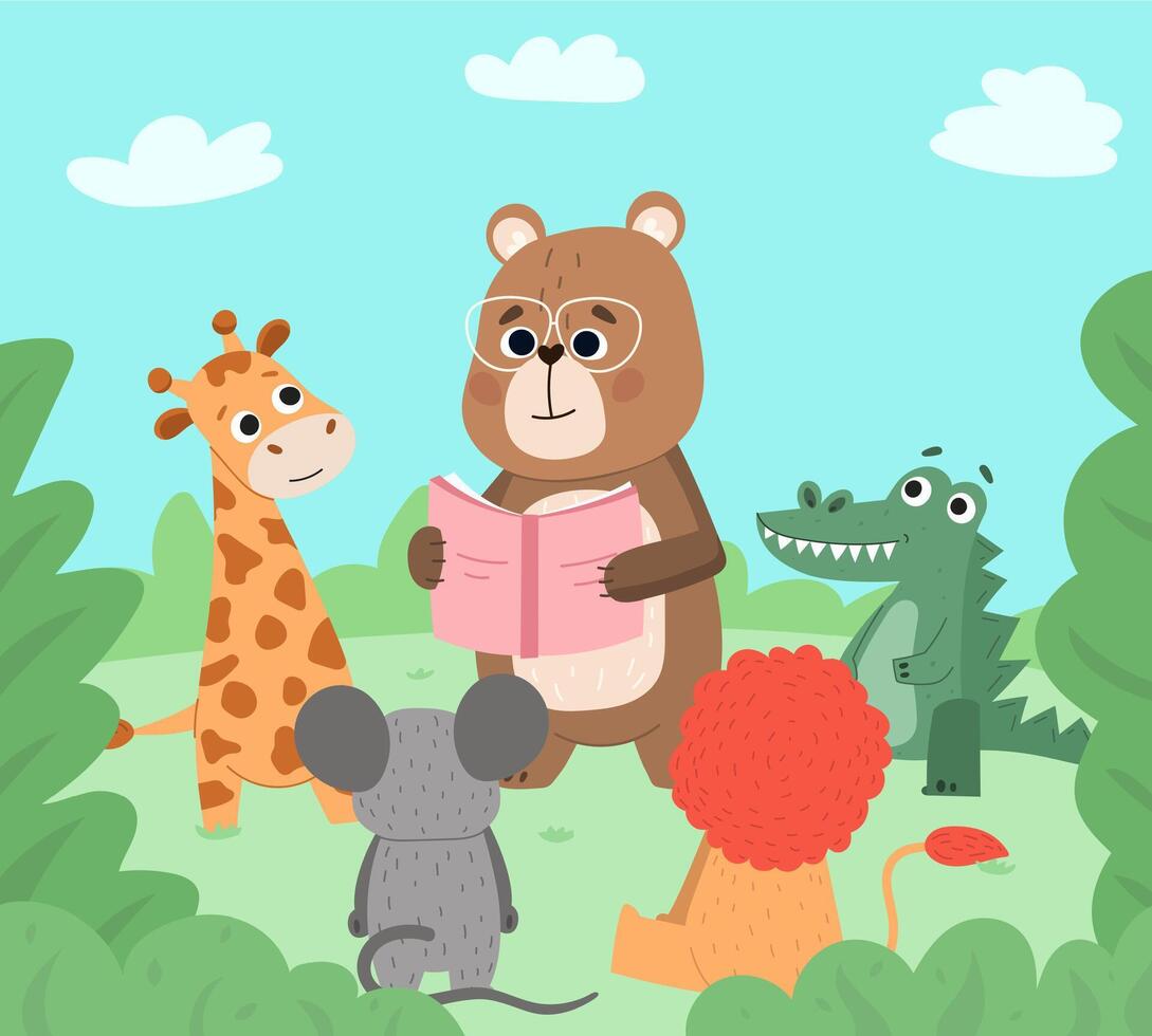 Animals reading book, cute wildlife book lovers. Cute bear reads to baby animals background illustration. Cartoon cute animals reading vector