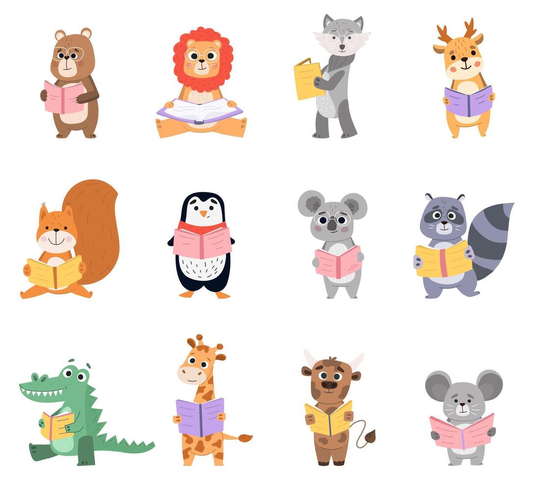 Reading animals characters, bear, lion and wolf read books. Animal kids learning to read books illustration set. Smart animals reading together vector