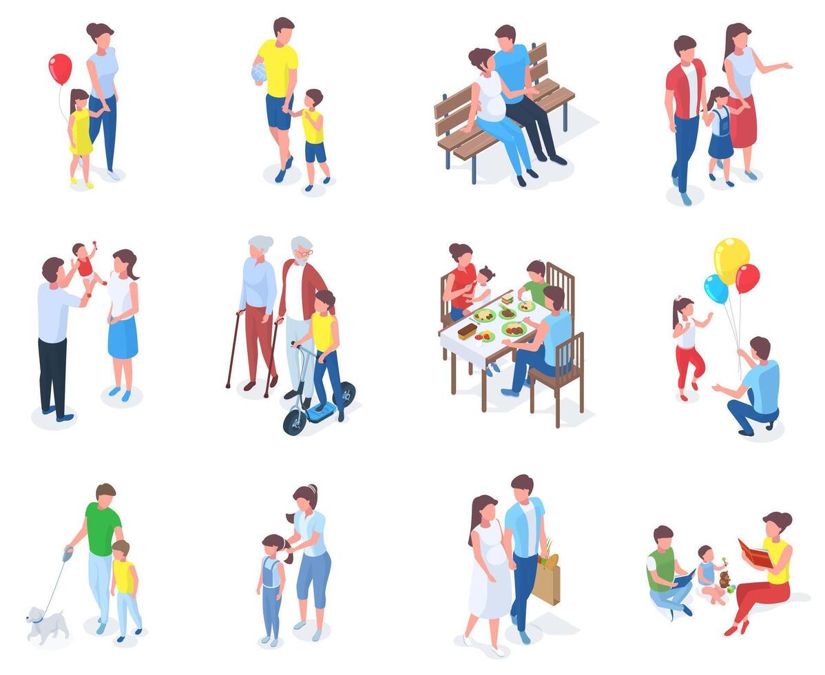 Isometric family, parents play and walk with children. Families walk in park, reading books or having dinner illustration set. Parents spending time with kids vector