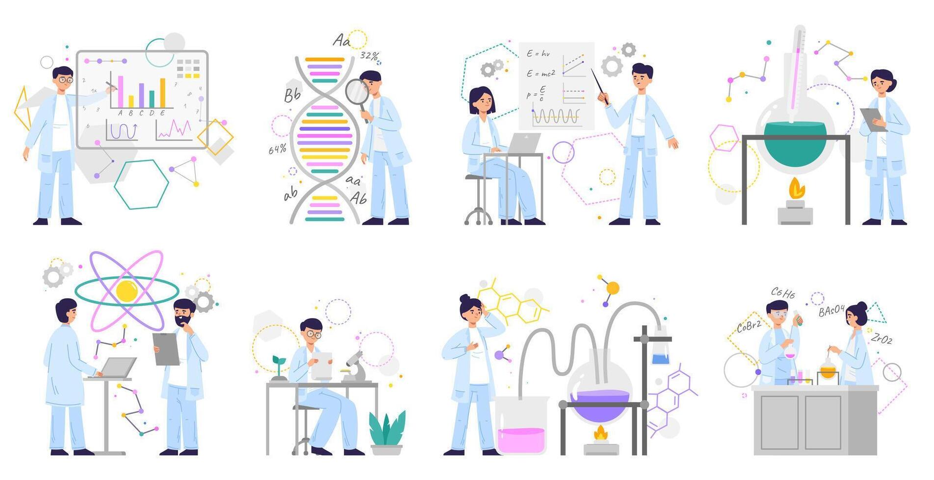 Clinic lab doctor characters, science analysis laboratory. Scientists doing research in chemical lab illustration set. Science characters wearing white laboratory coat vector