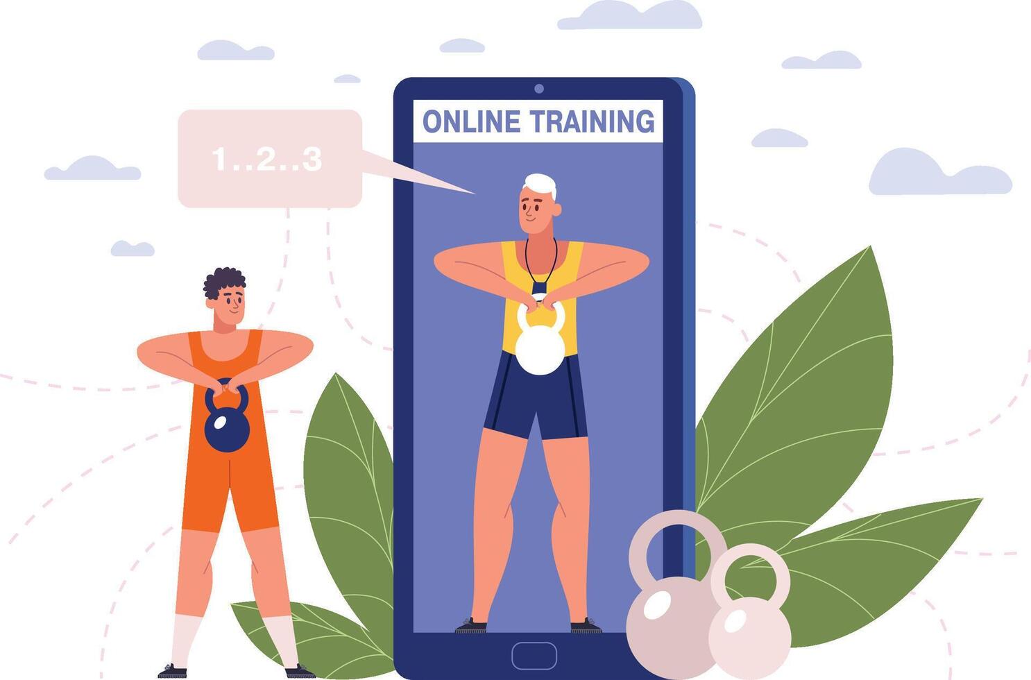 Online fitness training, mobile app with workouts and sport exercises. Personal online training on smartphone screen illustration. Mobile personal trainer service vector