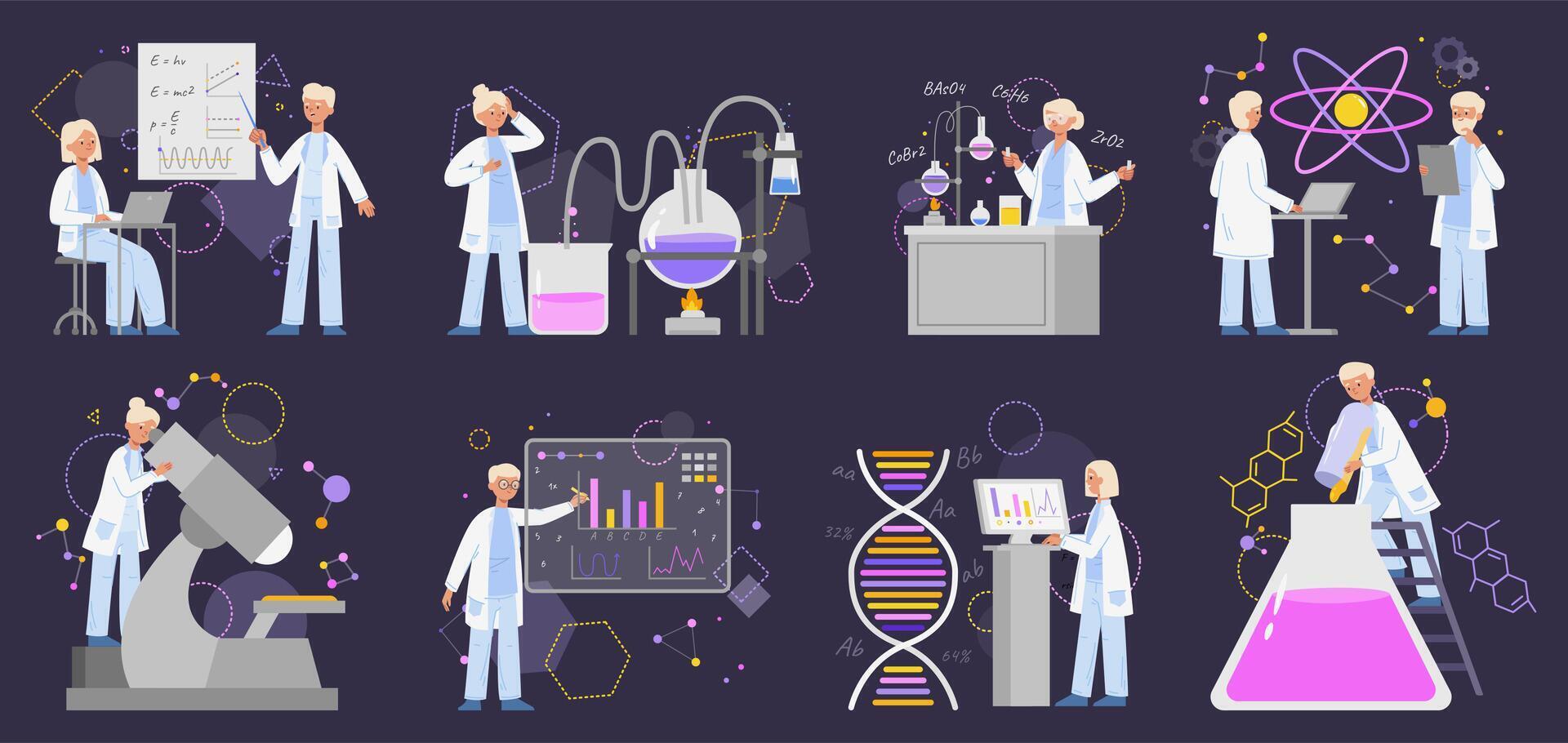 Scientist research, chemistry lab experiment, science workers. Man and woman scientists with lab equipment illustration set. Scientists doing research vector
