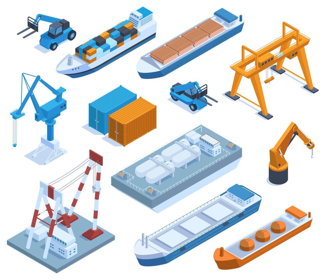 Isometric seaport elements, cargo ships, barges and containers. Marine port ships, cranes and shipping containers illustration set. Water transportation and logistic vector