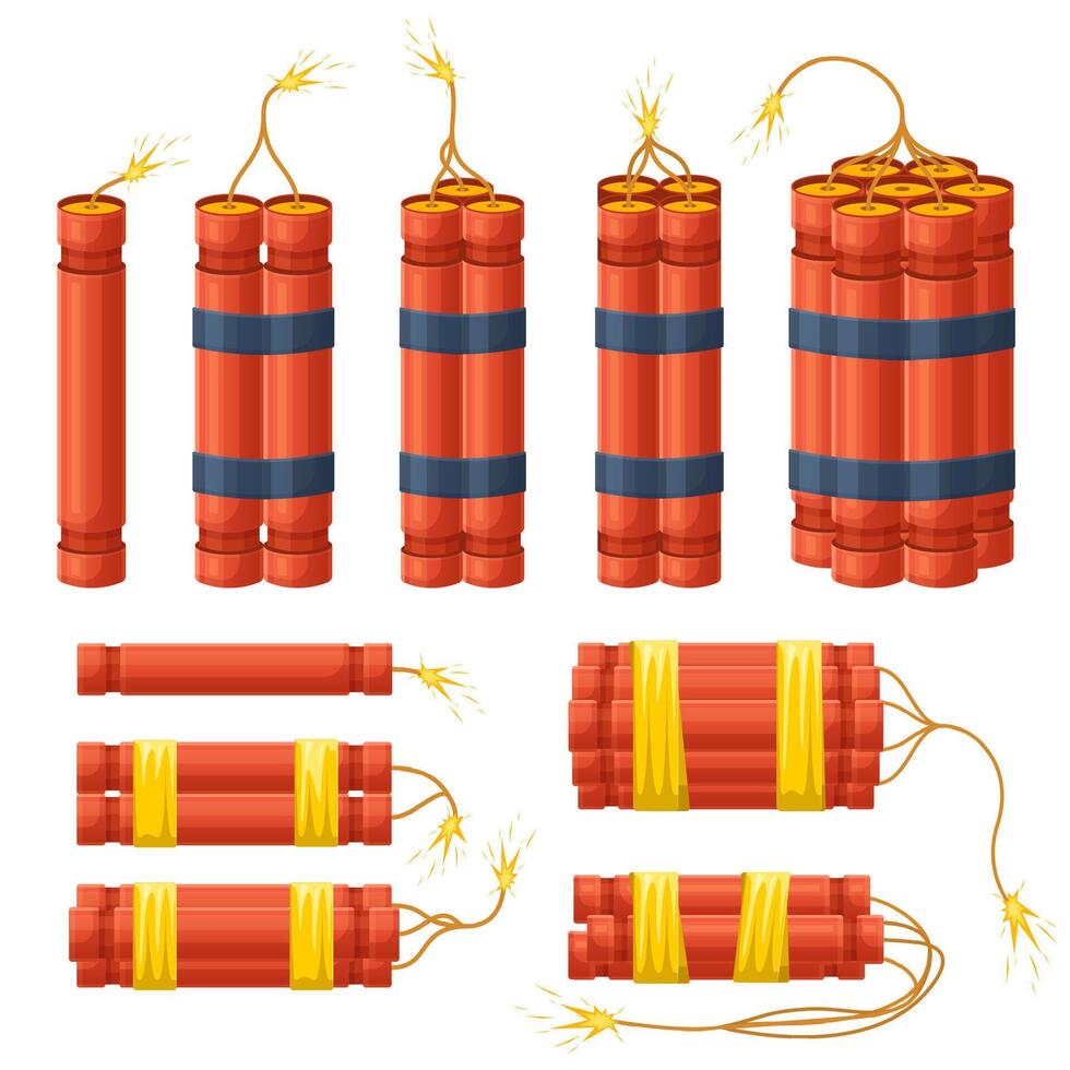Dynamite explosive sticks, pyrotechnics explosion dynamite checkers. Red dynamite bomb burning sticks illustration set. Burning dynamite checkers vector