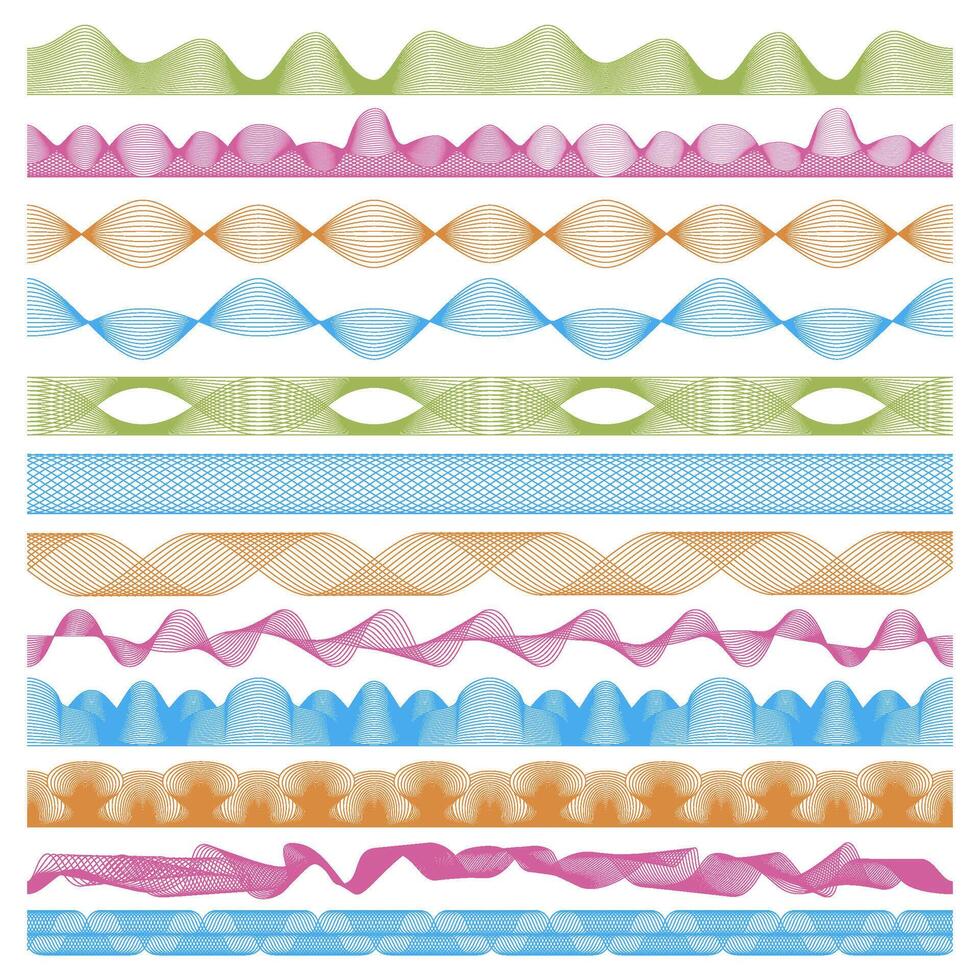Guilloche money borders, security seamless watermarks. Geometric guillouche border frames illustration set. Abstract watermark elements vector