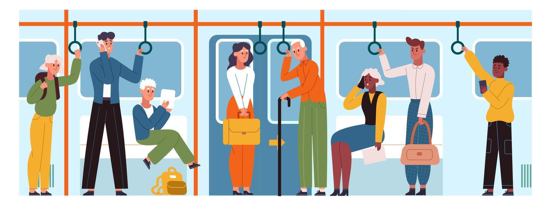 Public transport, subway passengers in underground metro train. City transportation passengers inside subway train illustration set. Urban public transportation vector