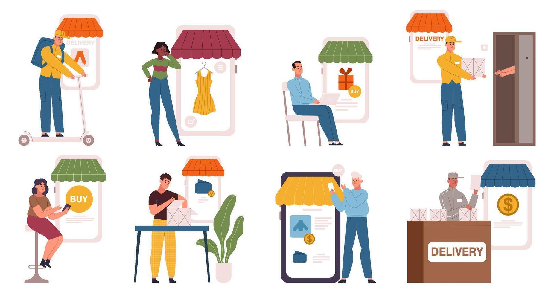 Internet online shop screen, people use e-commerce service. Online store purchasing, mobile payment on laptop screen illustration set. Mobile shopping vector