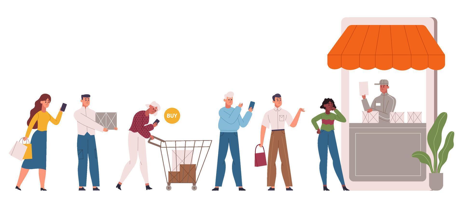 Online shopping people line, e-commerce big sale queue. Mobile shop customers, online market or grocery store queue illustration set. Buyers waiting in line vector