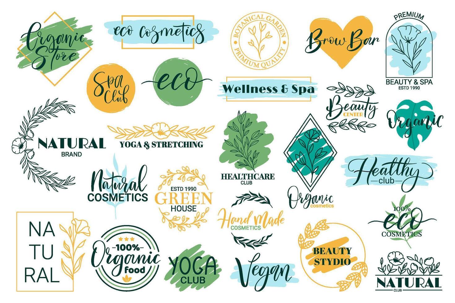 Healthy, beauty, spa and yoga lettering quotes. Hand drawn logos for organic cosmetics products illustration set. Spa and wellness lettering elements vector