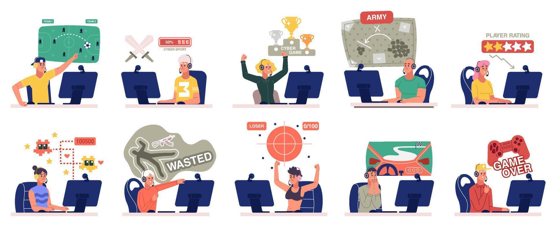 E-sport teams battle, cyber sport gamers training and competition. Cybersport team performance illustration set. Multiplayer online battle arena match vector