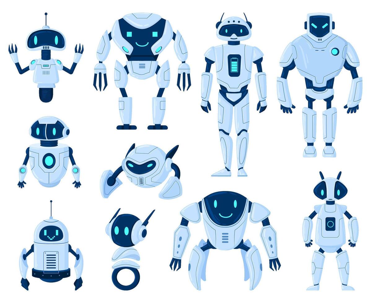 Cartoon robots, cyborg machine artificial intelligence characters. Digital cyborgs and modern technology machines illustration set. Robot cartoon characters vector