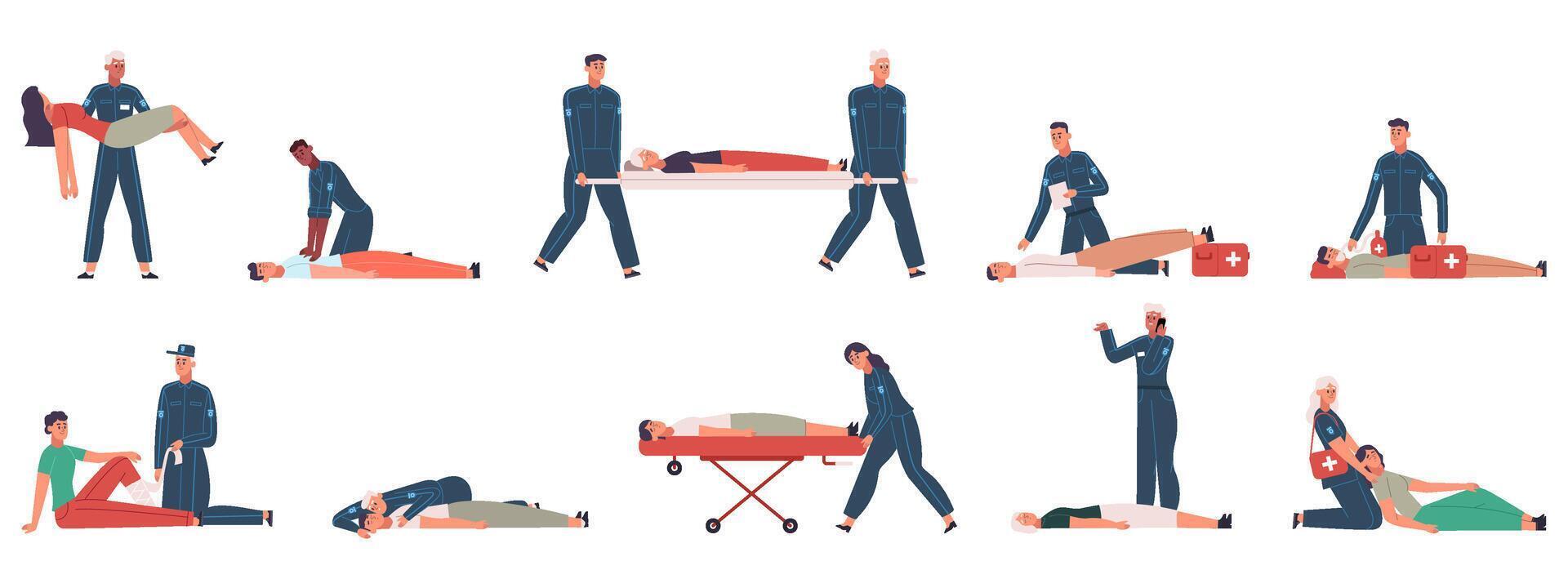 First aid procedures, emergency paramedic workers help people. Professional medical staff in uniform helps people illustration set. Cpr and heart emergency training vector