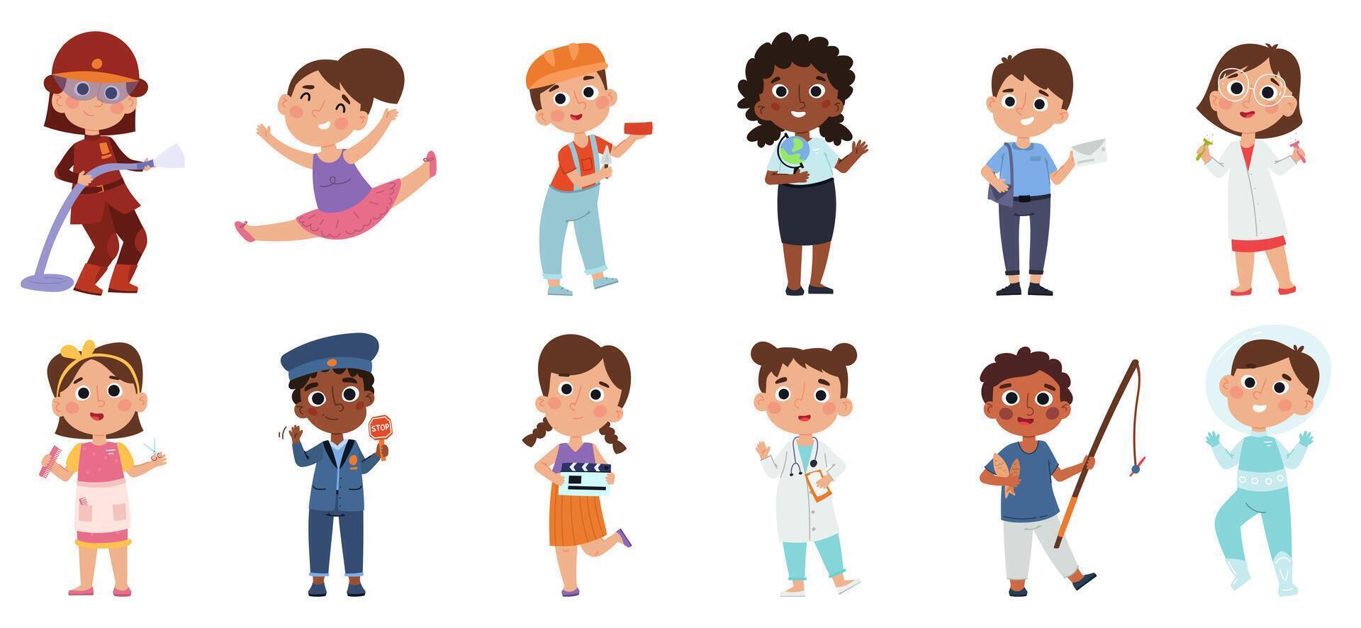 Kids professional characters, baby fireman astronaut and doctor. Boys and girls in different professions illustration set. Cartoon kids with professional equipment vector