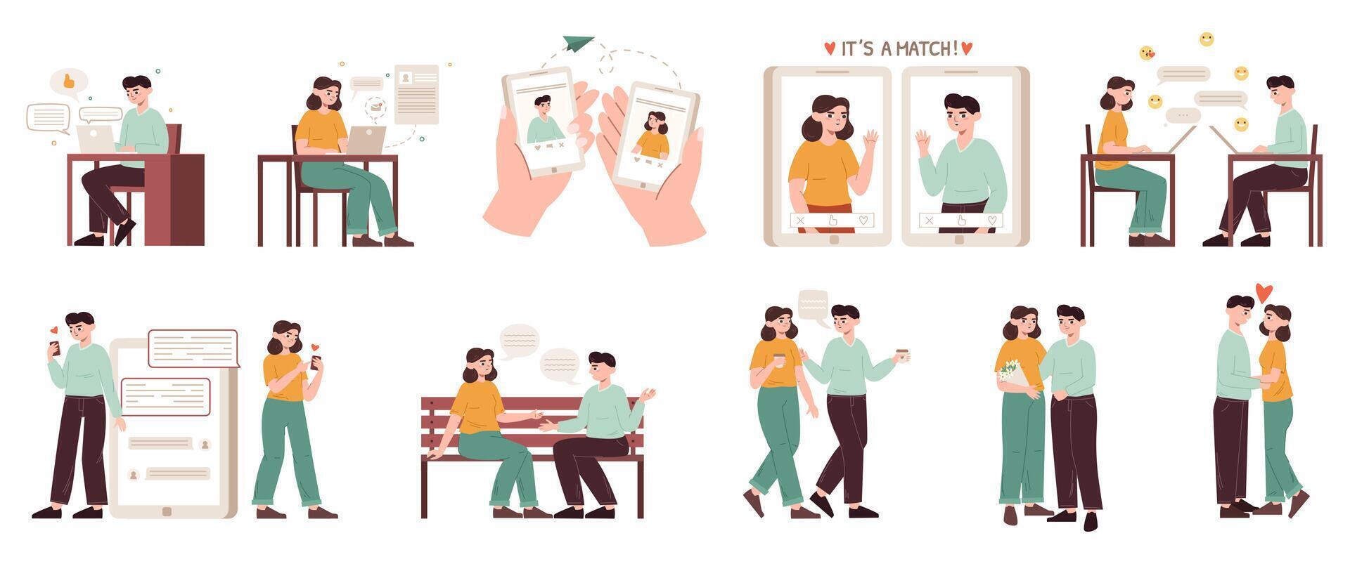 Romantic couple using dating app, online dating application. Mobile dating website, romantic partner online searching illustration set. Virtual love relationships vector