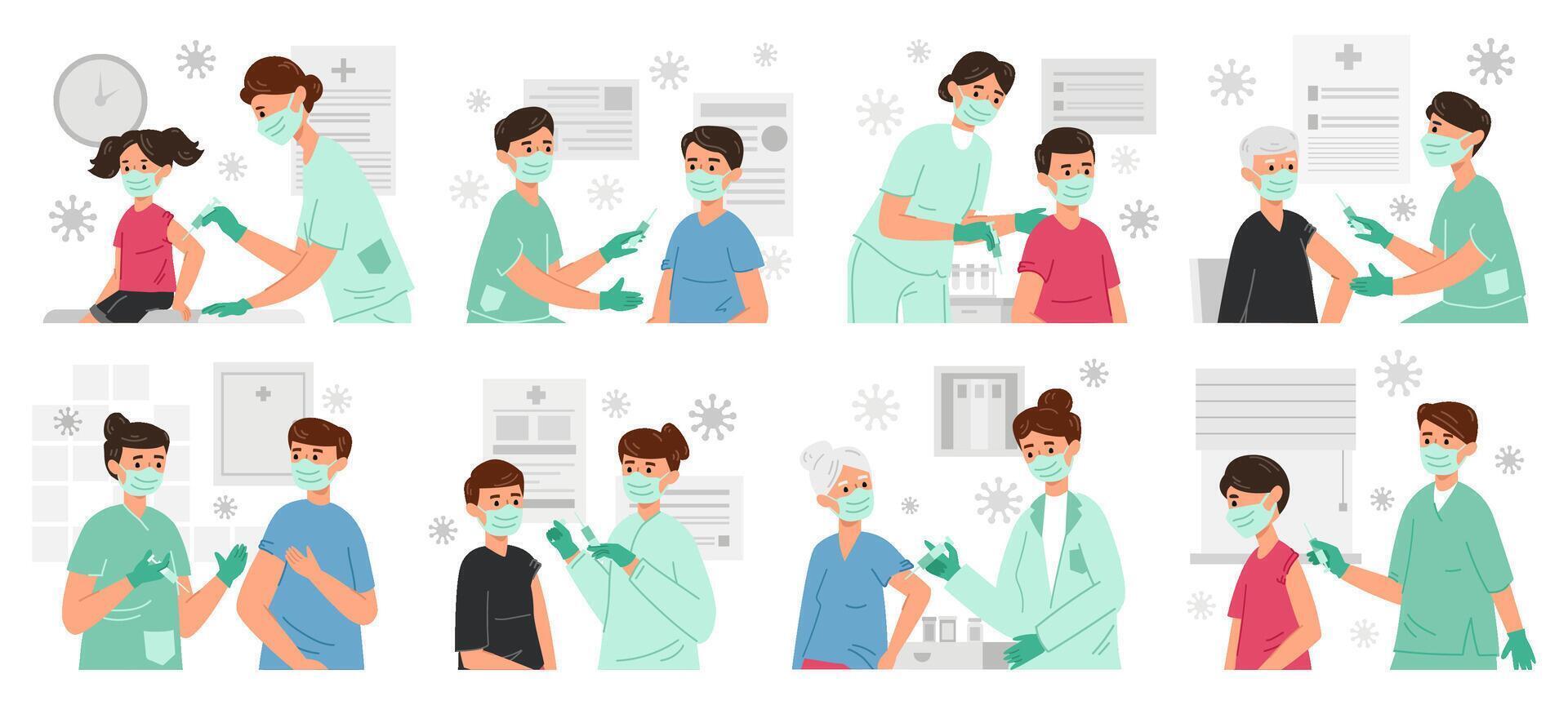 People get covid-19 vaccine, virus protection and immunisation. Male and female characters get corona virus vaccine illustration set. Nurses with syringe vector