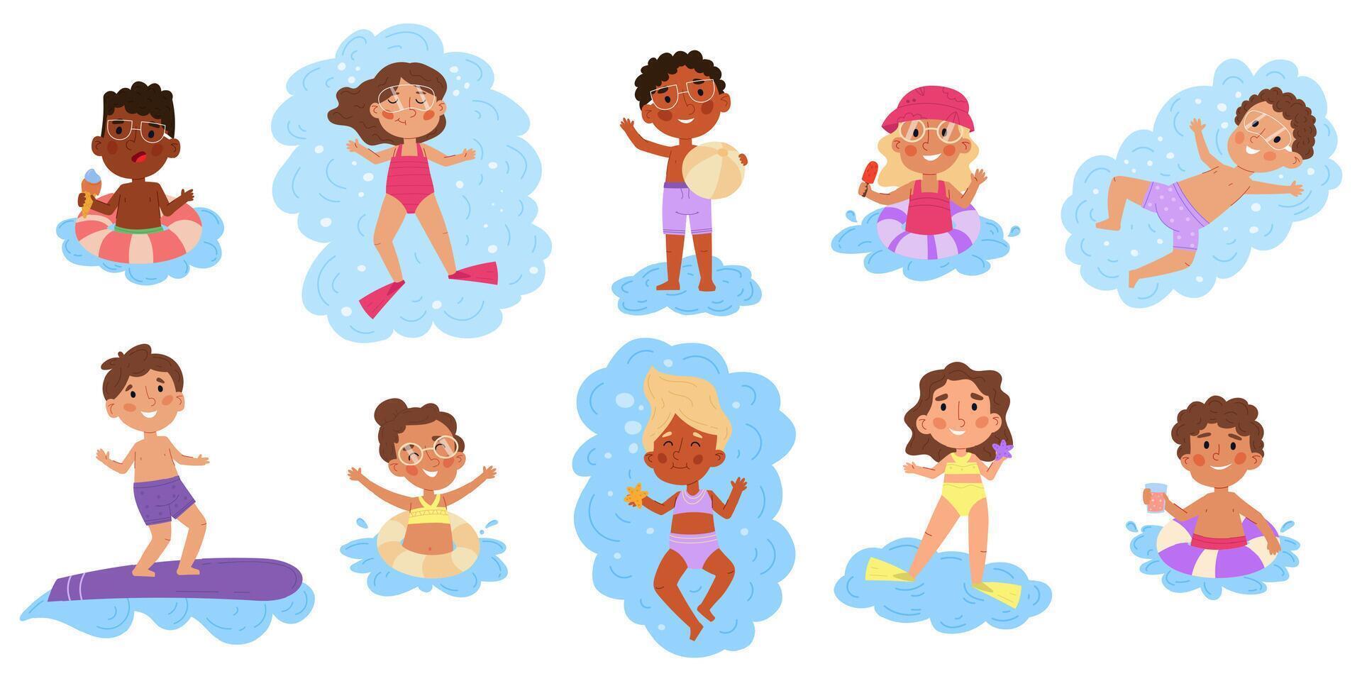 Kids swimming in pool or sea, summer children pool games. Multiethnic kids having fun in water illustration set. Children swimming and bathe vector