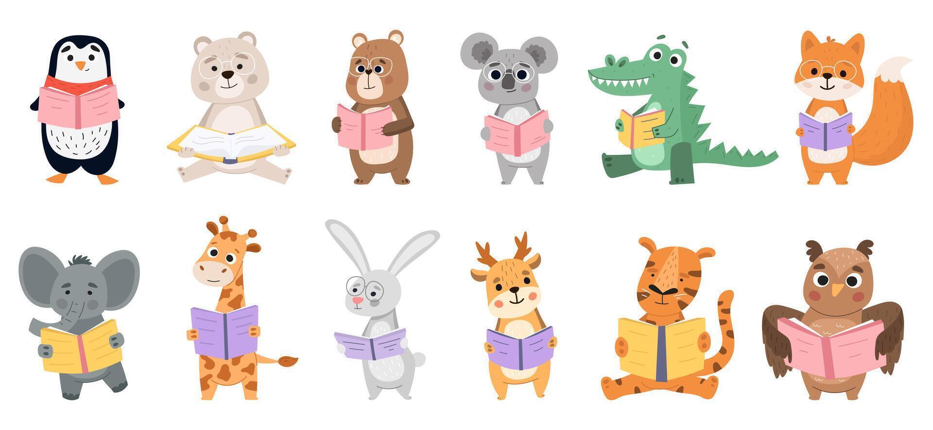 Animals book lovers, reading fox, bear and rabbit. Smart animals learn by reading books illustration set. Animals like to read books vector