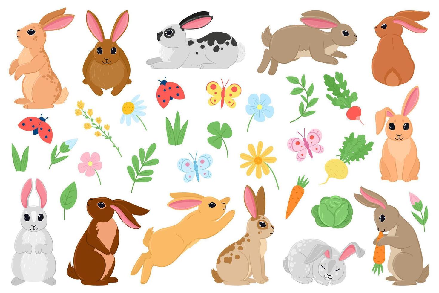 Cartoon spring bunny, cute easter rabbits with carrot and flowers. Spring bunny pets, white and brown rabbit characters illustration set. Easter holiday hare vector