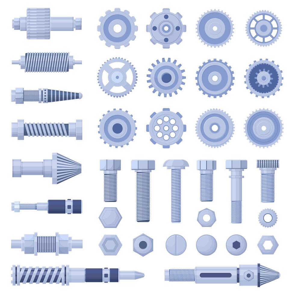 Mechanical engine industrial pulley, screw, bolt cog and cogwheel. Hydraulic machines parts, screws and nuts illustration. Machinery bolts and gears vector