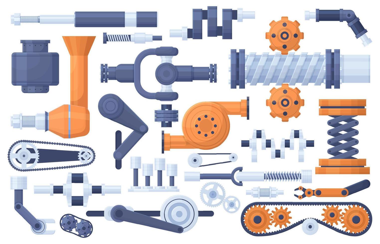 Mechanism parts, machine, factory engine industrial elements. Technical gears and gear mechanics illustration set. Machinery, pinions and adapters vector