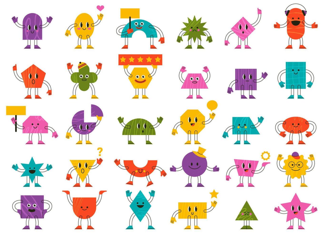 Geometric comic abstract characters with funny faces and emotions. Cute facial emotions, happy, smile faces illustration set. Funny doodle characters vector