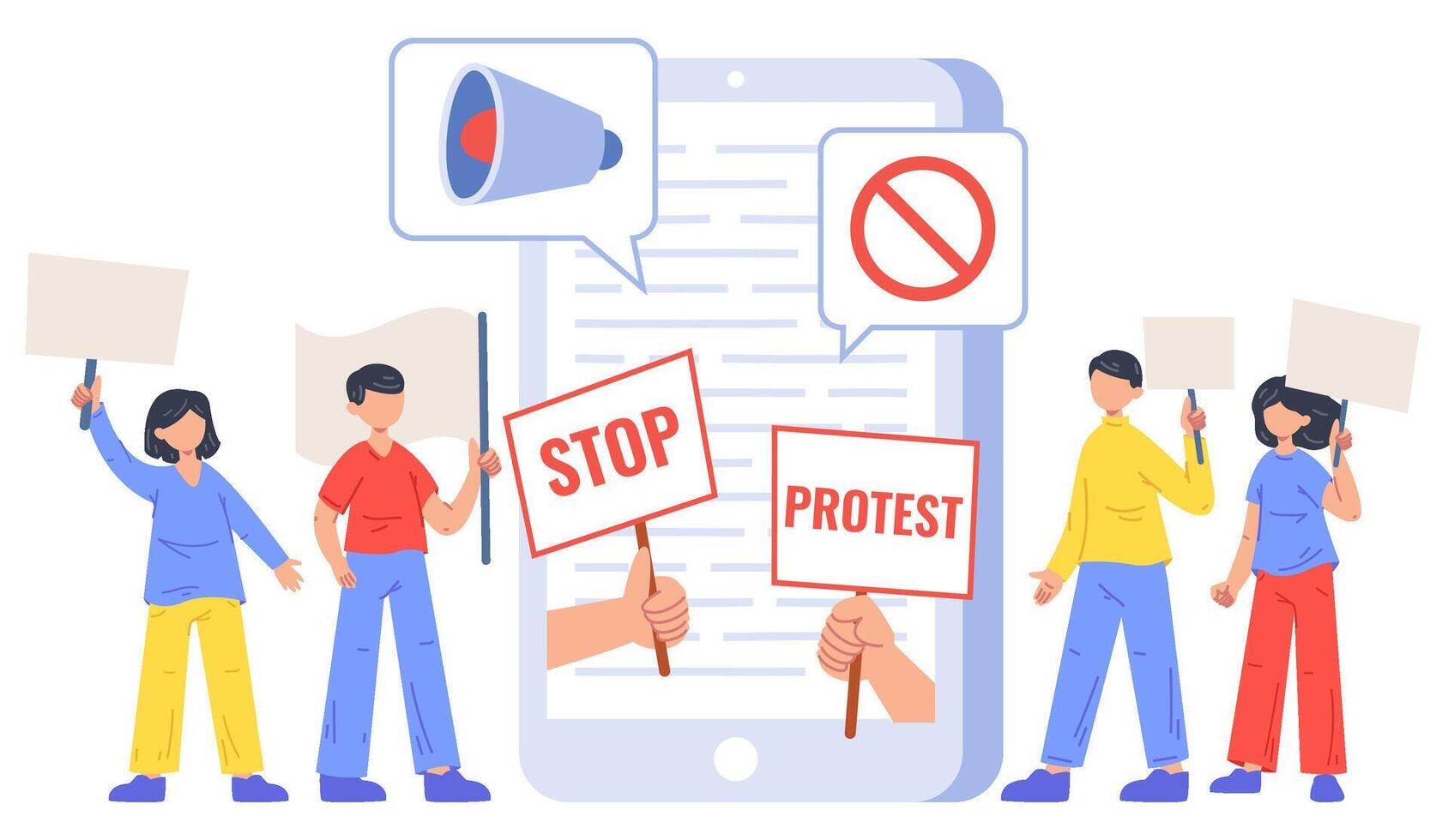 Social activism, diversity political protest movement. People protesting online meeting illustration. Internet protest vector