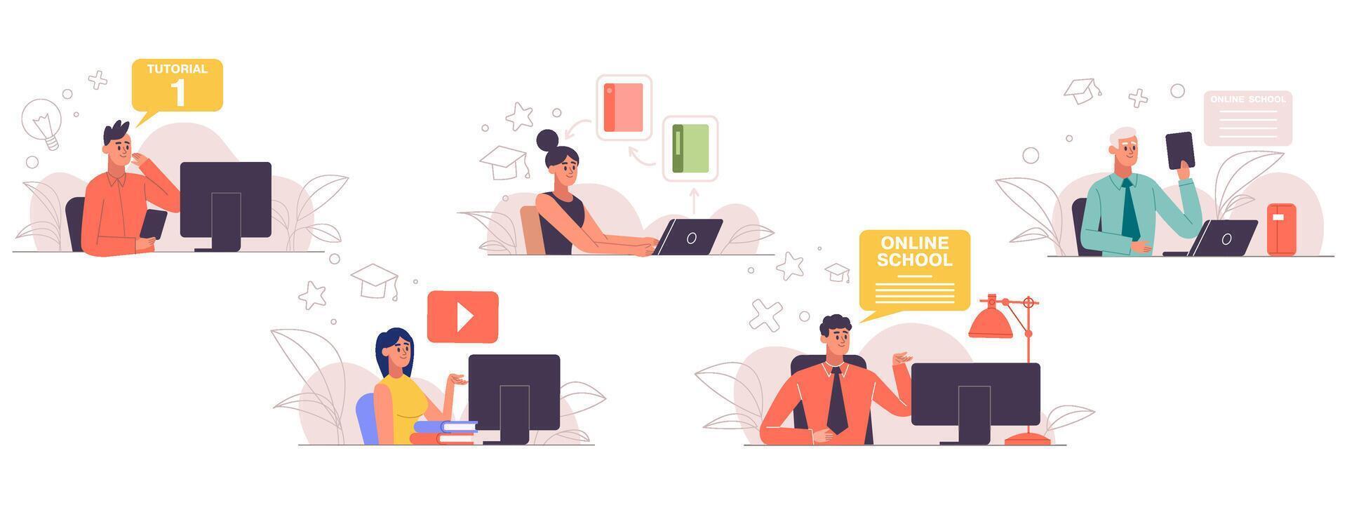 Online education, courses and training, e-learning concept. Male and female characters studying online illustration set. Online education and training scenes vector