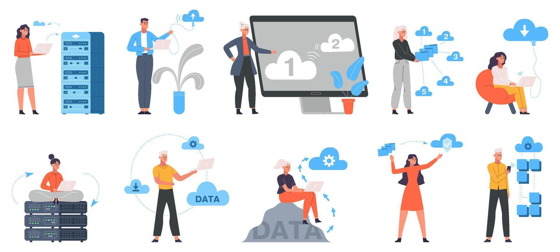 nube sistema, en línea datos almacenamiento y nube ingeniería. en línea datos nube servidor ingeniero caracteres ilustración colocar. nube Ingenieria informática concepto vector