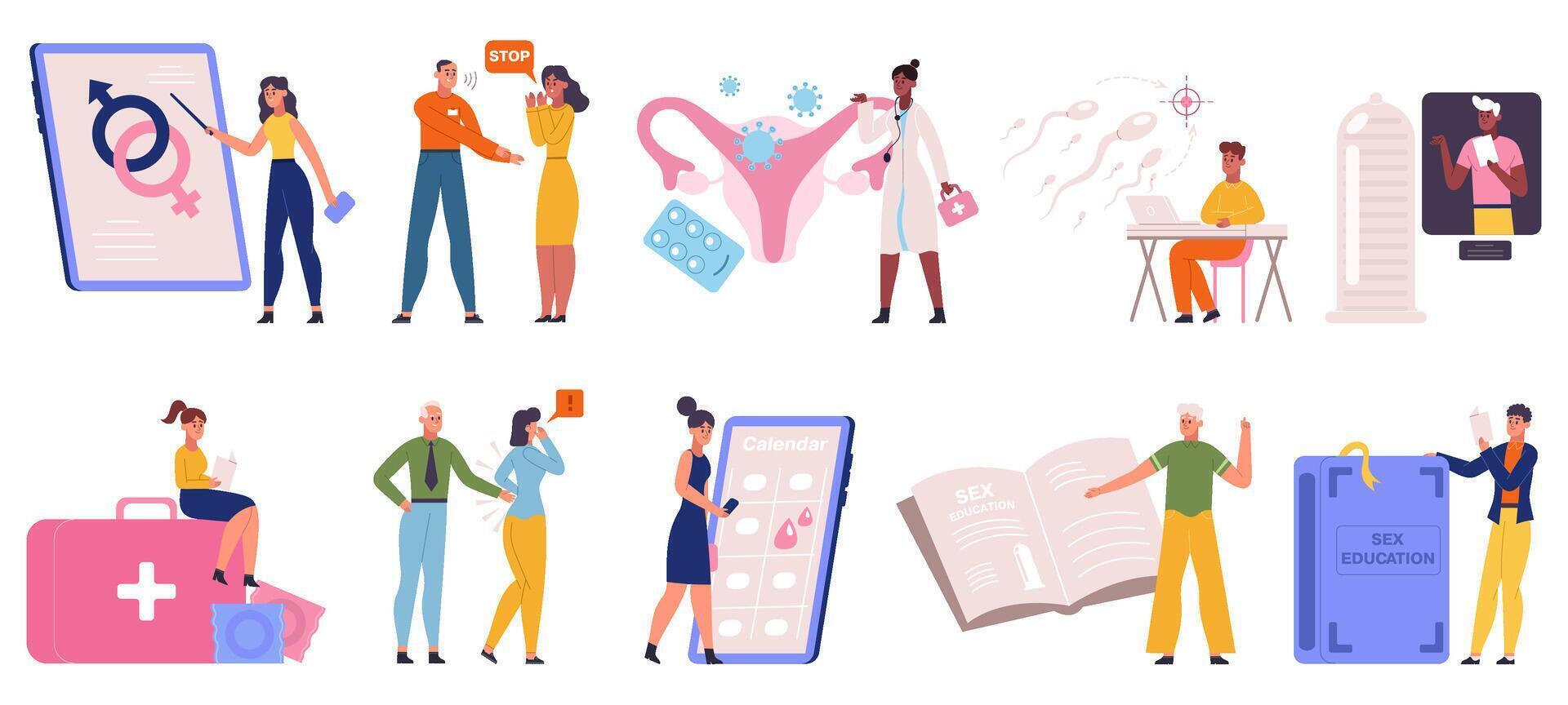 Sexual education, harassment, sex behaviour and health. Sexually transmitted diseases and contraception illustration set. Health and reproduction system lesson vector