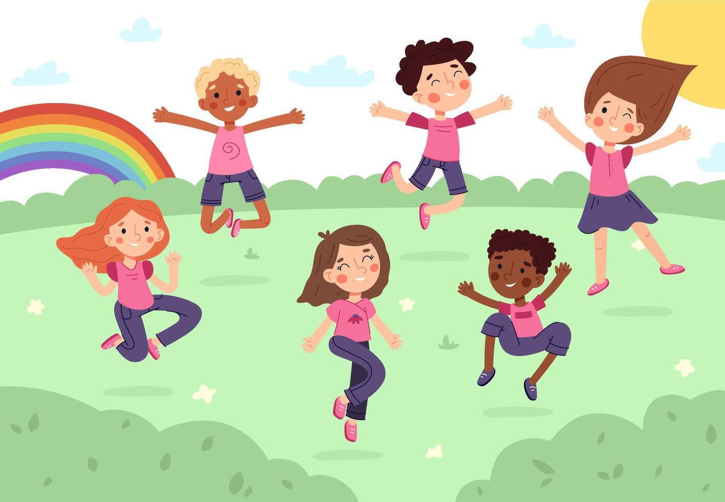 Happy cartoon kids jumping in park or kindergarten playground. Children doing outdoor activities illustration. Funny babys having fun vector