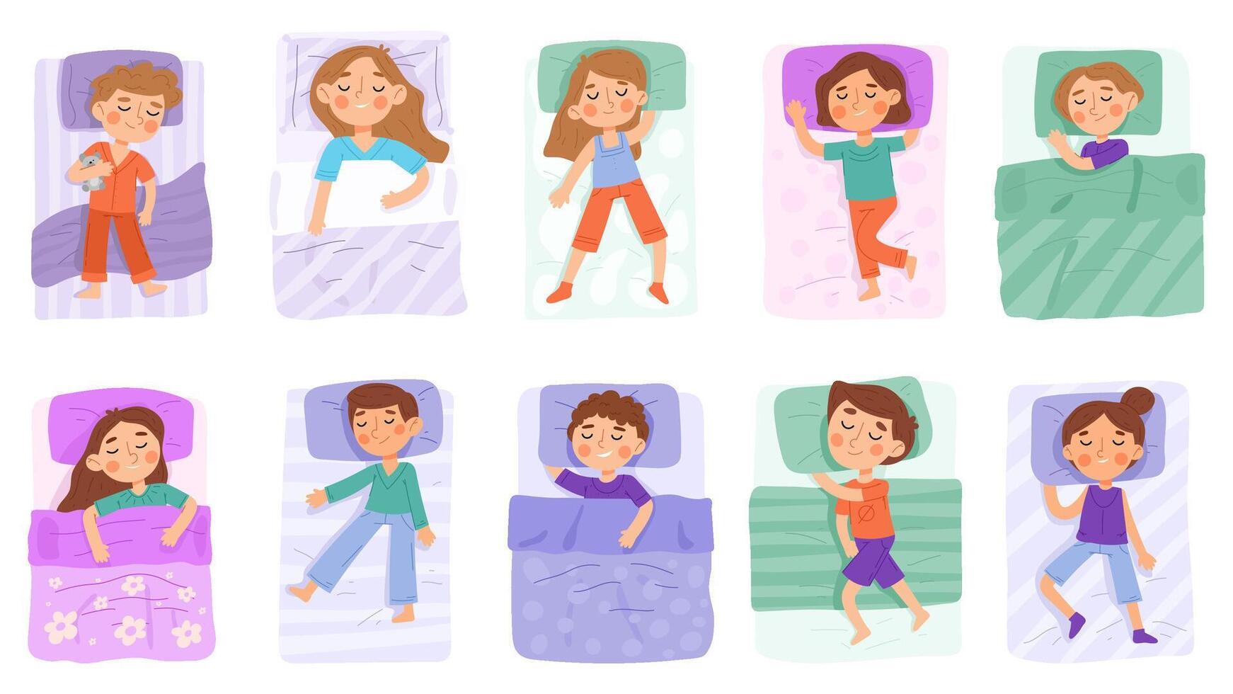 Kids in bed, sleeping children, cartoon bedtime characters. Kindergarten children having night dream illustration set. Baby characters resting under blankets vector