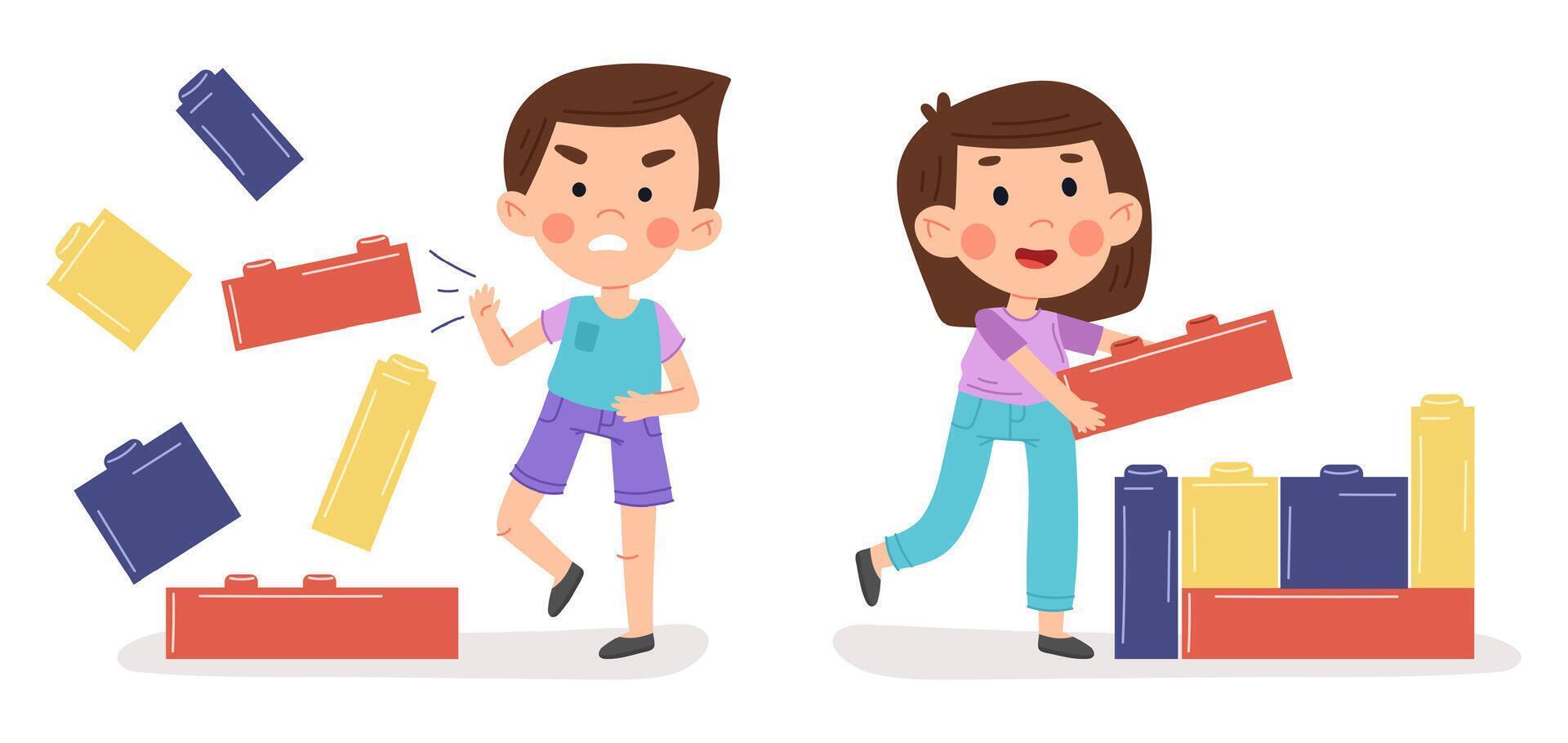 Cartoon good and bad behaviour. Little boy and girl playing and fighting together illustration. Children opposite behaviour vector