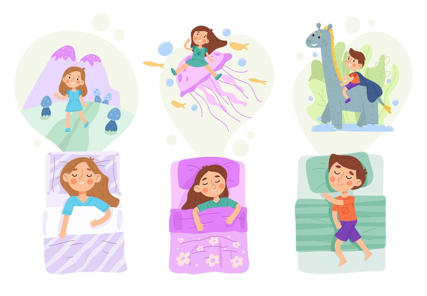 Child in bed, fantasy world bedtime sleeping kid character. Kids night dreams imagination world illustration. Dream time adventure vector