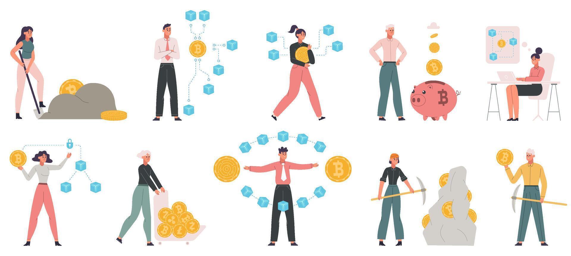 Blockchain data technologies, people work with block chain fin tech industry. Financiers and business people mining coins illustration vector