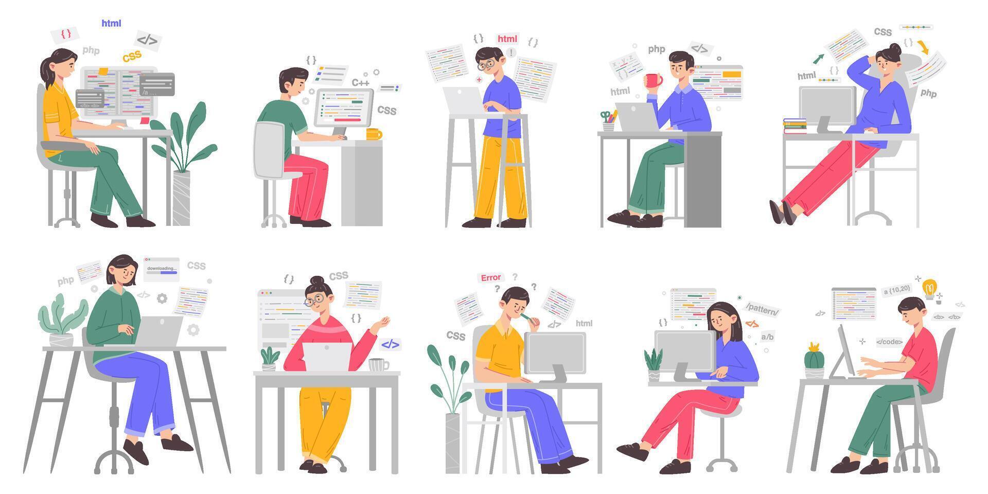 Software developing, website programmers and web designers. Young man writing code on computer illustration set. Motion graphic design, software errors vector