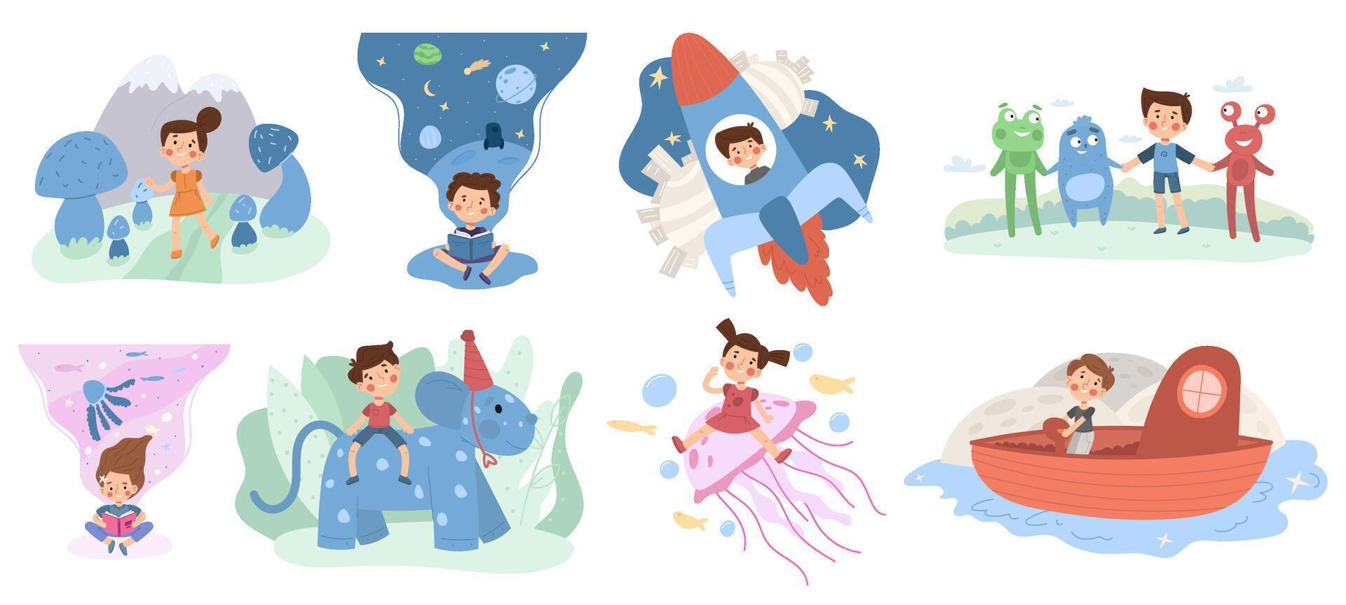 Kids cartoon imagination, children fantasy world. Cute baby imagine magical creatures friends illustration set. Childhood imagination, dream adventure vector
