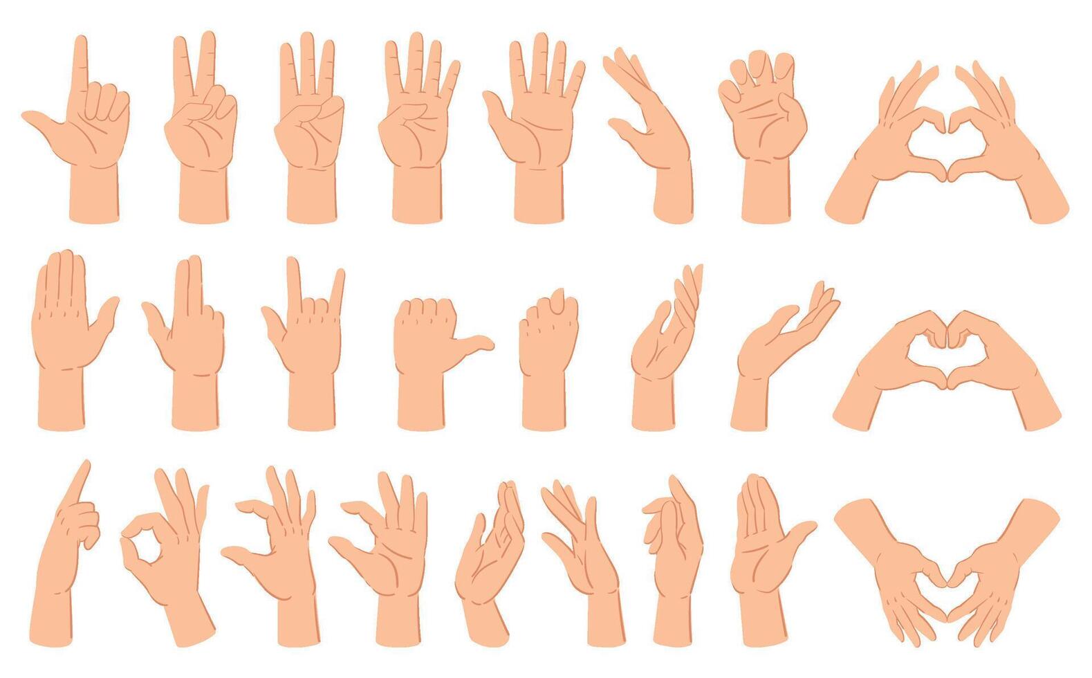 Cartoon hands gesture, hand poses, thumb up and counting gestures. Human hand gestures, count and crossed fingers illustration set. Hand gesture communication vector