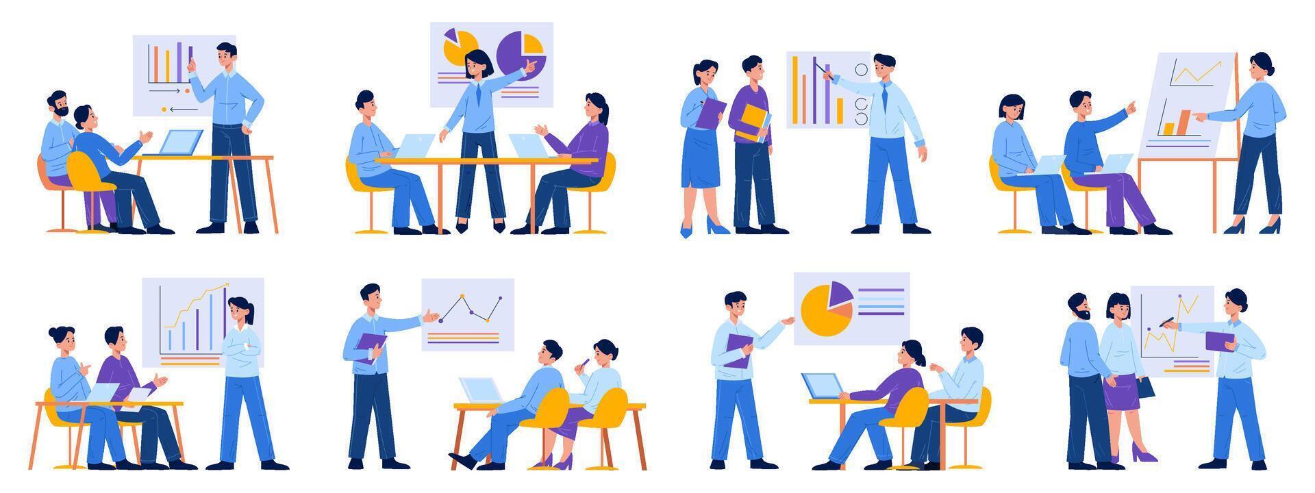 Business meeting or presentation, business coach and office team. Office team business training or conference illustration set. Teamwork presentation vector
