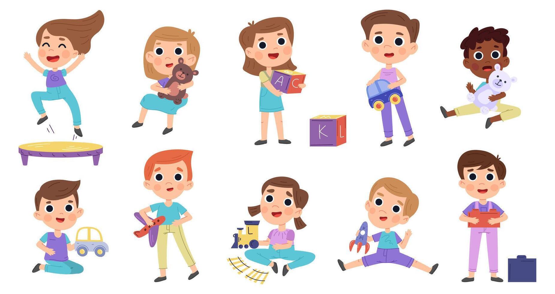 Cartoon children play with toys, kindergarten activities. Little kids playing with teddy bear, doll and toy car illustration set. Children characters having fun vector