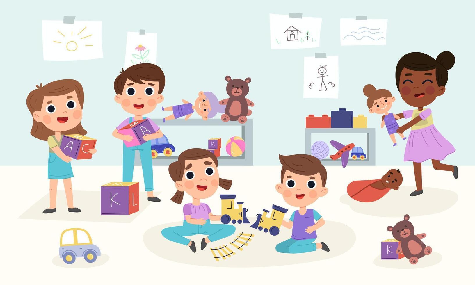 Cartoon kindergarten kids play together. Children in playroom play toys illustration. Kids kindergarten activities vector