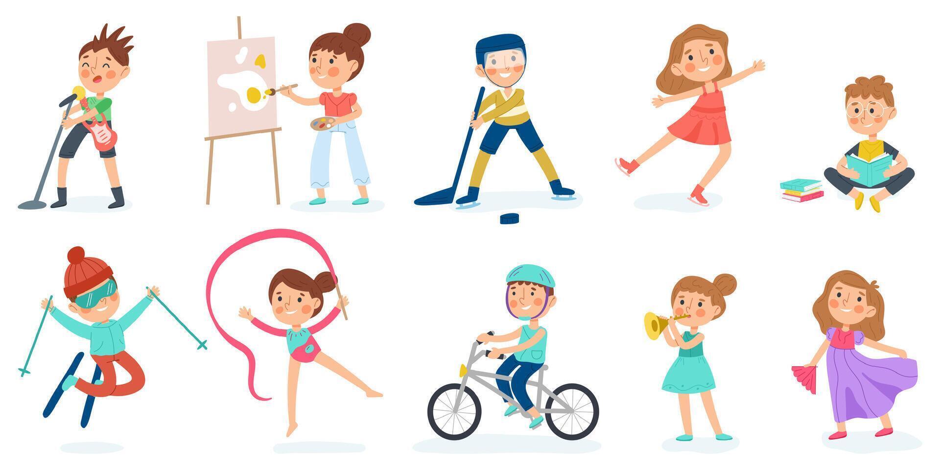 Kids creative and sport hobbies, baby musician, dancer, artist. Reading, painting, sport and dancing hobby illustration set. Kindergarten children activities vector
