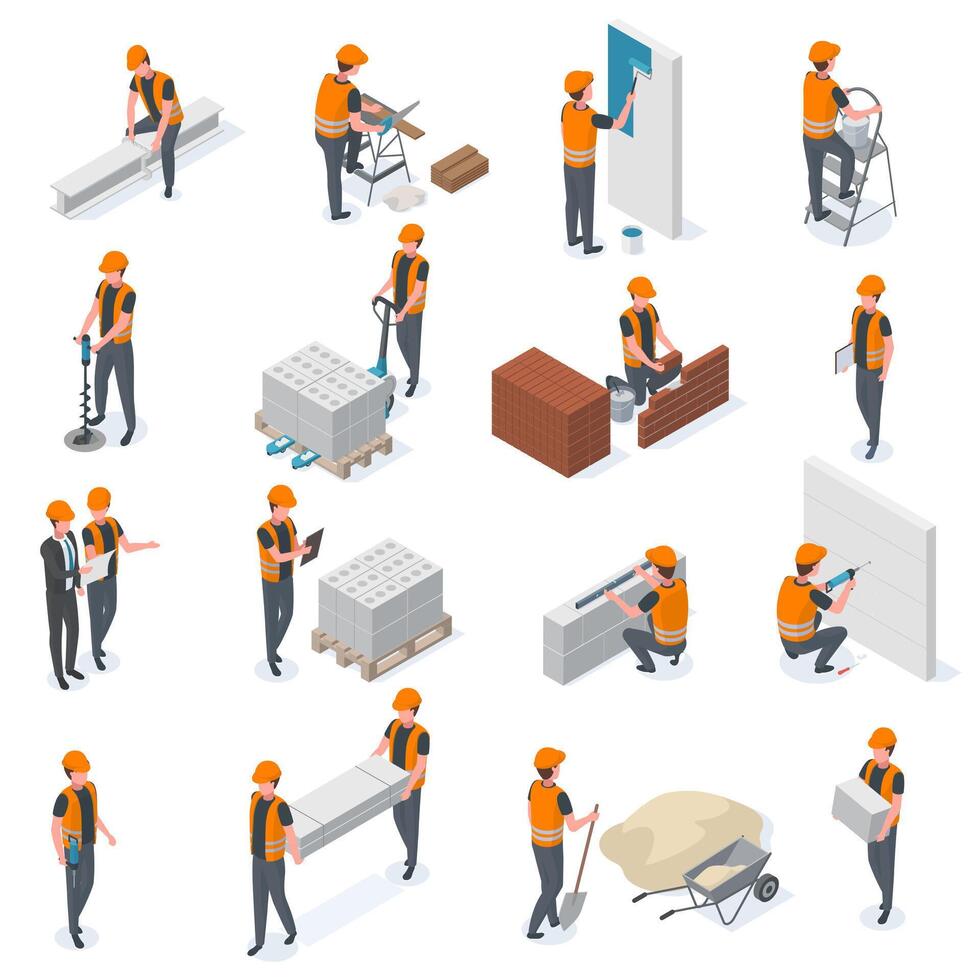 Isometric construction workers, builders and engineer characters. People lay bricks, paint walls and drill well illustration set. Builders with construction equipment vector