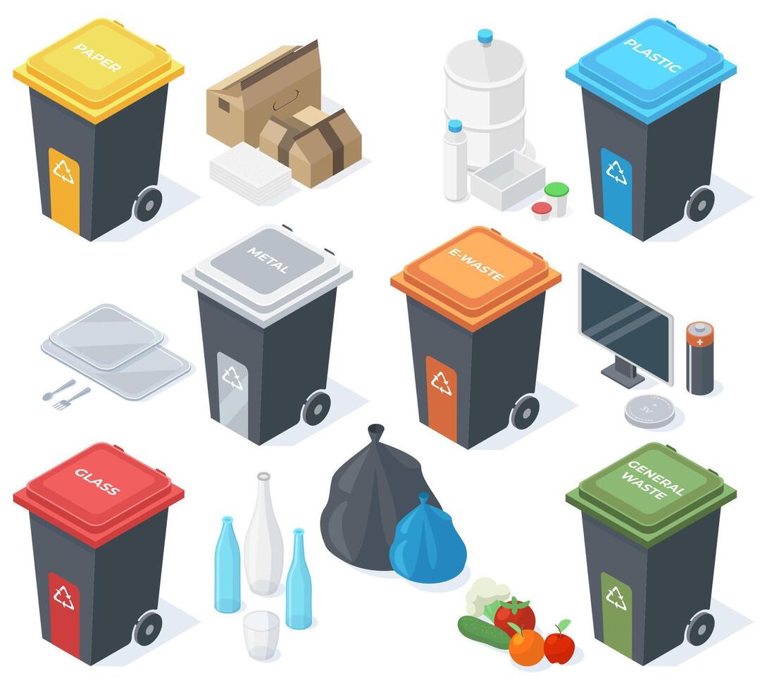 Isometric garbage multicolour trash cans, waste recycle bins. Plastic, glass, organic or paper garbage cans, 3d trash bins illustration. Waste recycle baskets vector