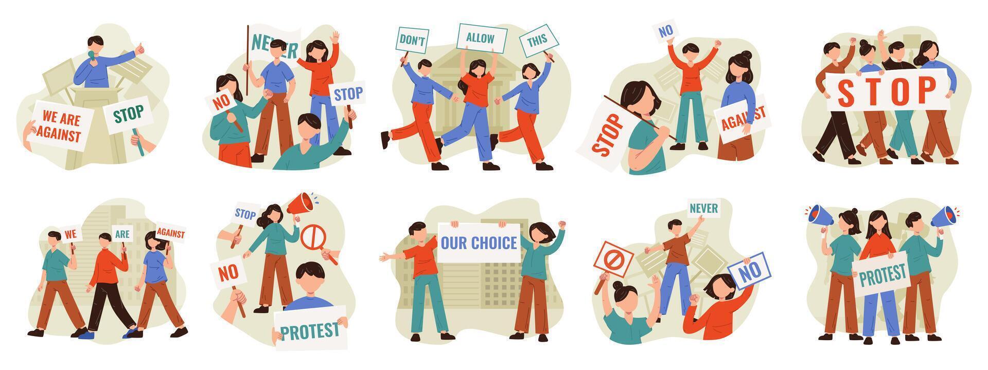 Social and political action, activist movement and protest concept. People holding political protest placard illustration set. Human protesting vector