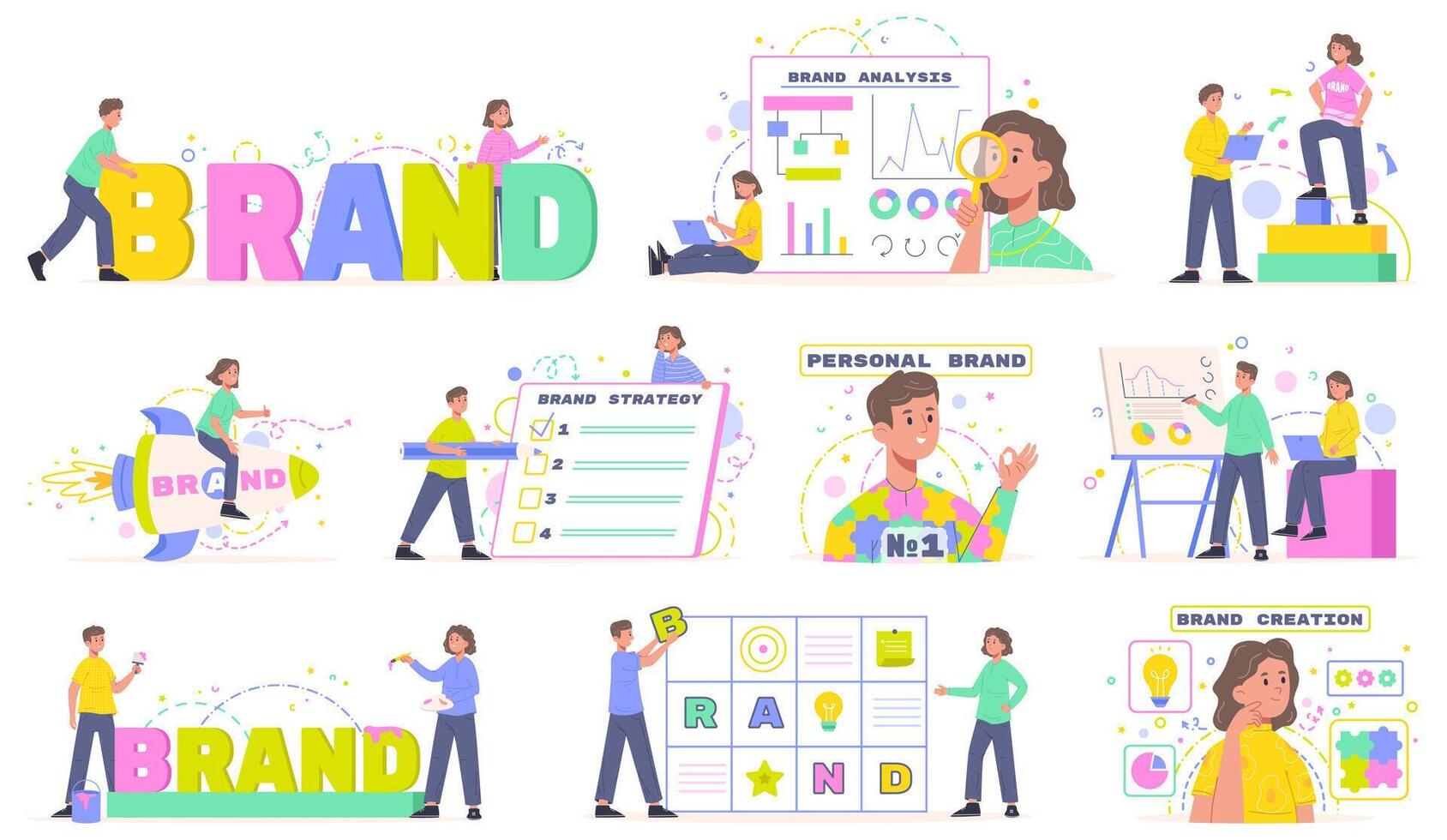 Brand building, corporate identity, personal brand development. Corporate identity, brand creation and development illustration set. Business corporate identity vector