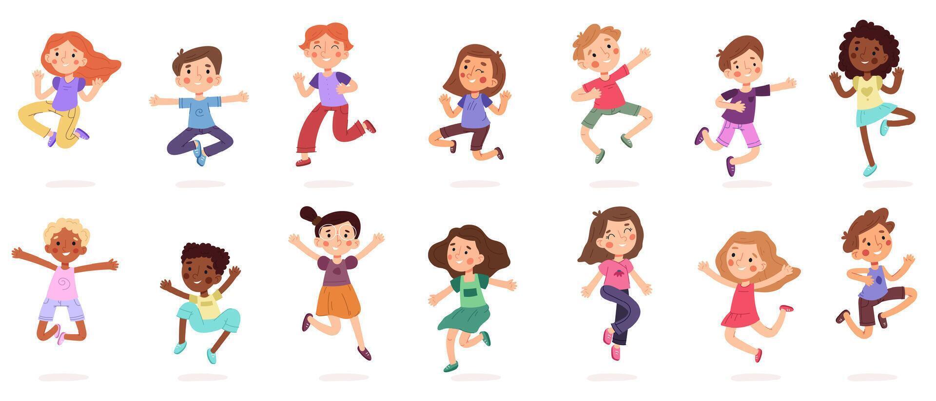 Happy jumping kids, cute active cartoon children characters. Little kids different activities illustration set. Children having fun and laughting together vector