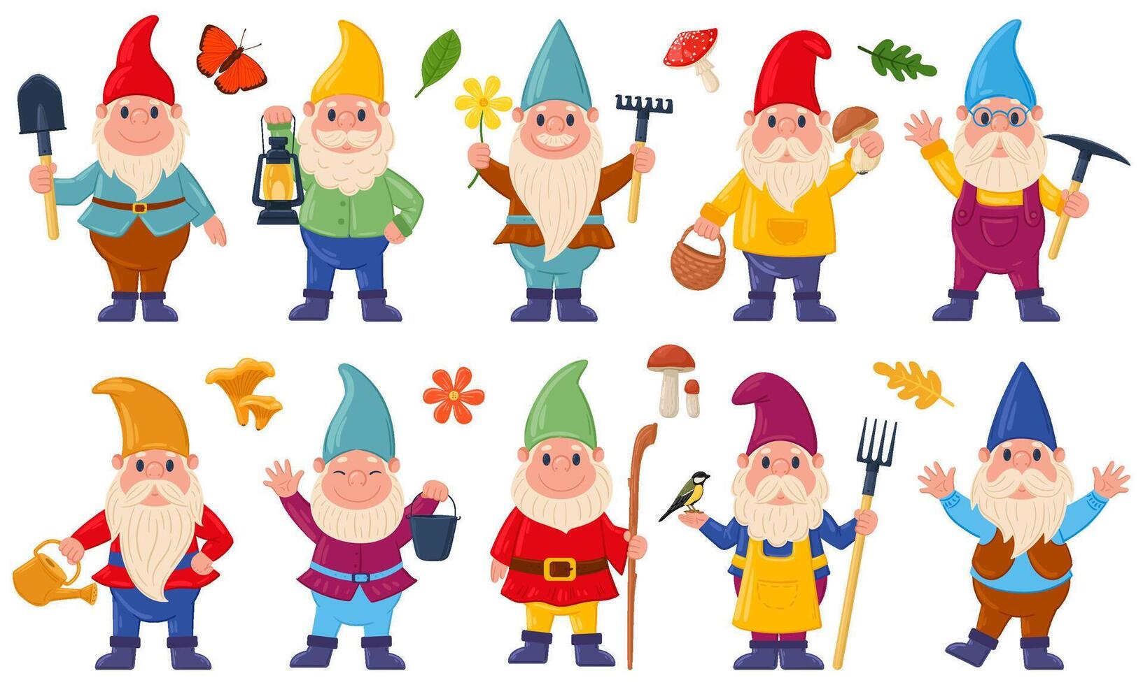 Cartoon fairy gnomes, cute little dwarf characters. Funny garden decoration gnomes illustration set. Adorable gnomes in red hats vector