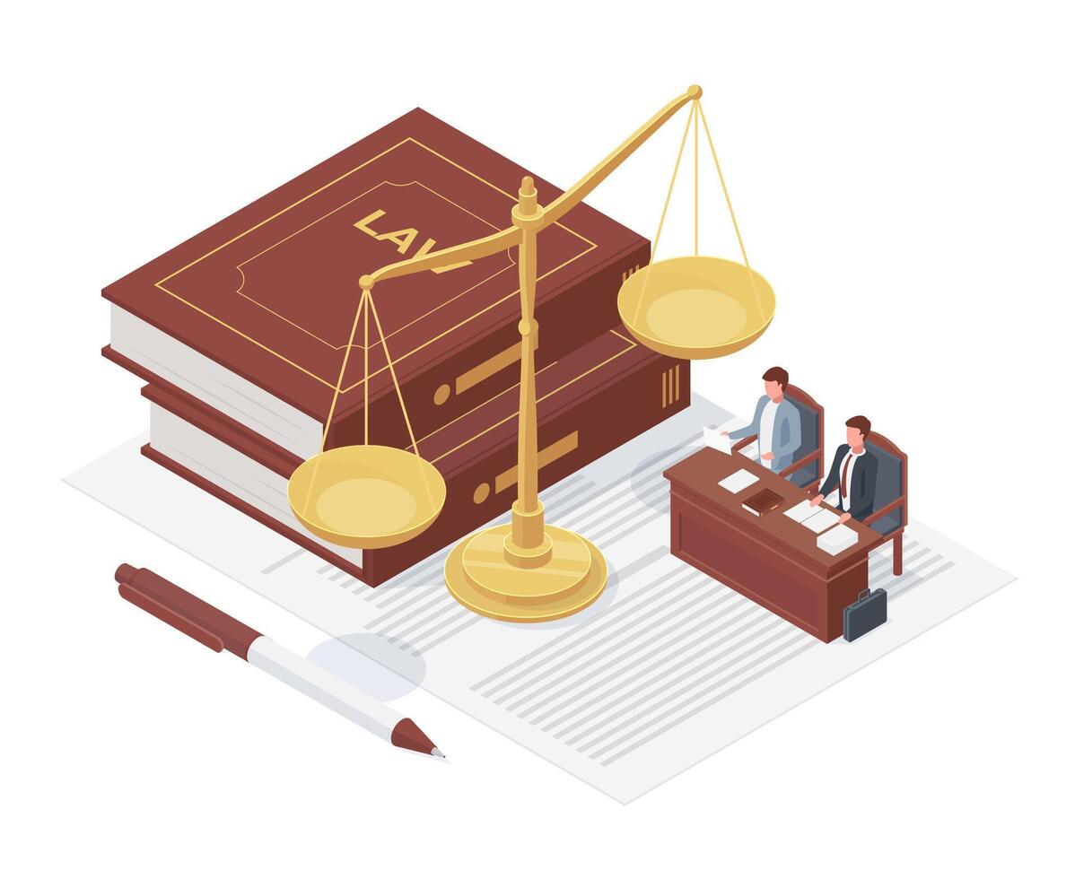 Isometric law concept, balance scale, justice book and case. Lawyer defending client illustration. Justice and law symbols vector