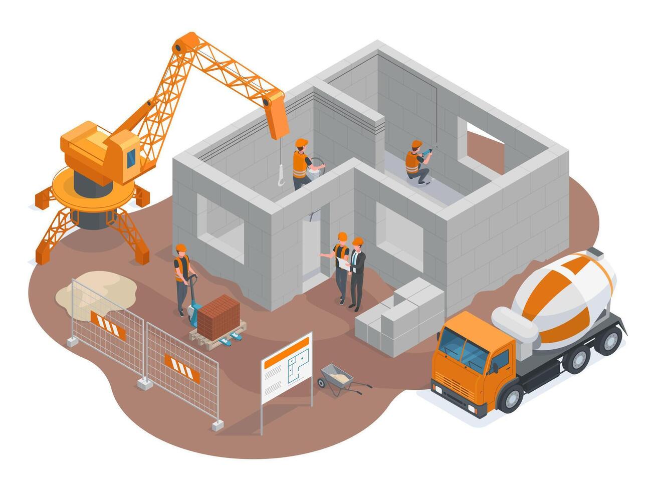 Isometric construction, building yard ground, workers and cranes trucks. Building construction equipment and cranes illustration. Construction architecture elements vector