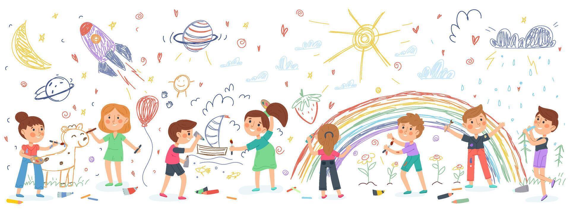 Children draw on wall, kids kindergarten art creative activity. Preschool girls and boys drawing characters illustration. Creative children draw picture vector